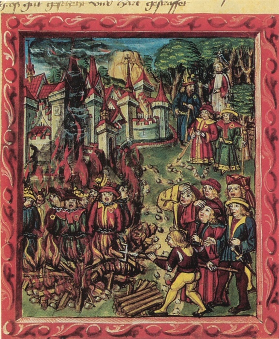 Manuscript from 1515 that depicts Jews being burned at the stake in Lucerne, Switzerland. The Jews are clearly identified by their yellow badges.