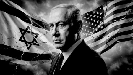 illustration showing Netanyahu with cracking Israeli and American flags representing the deteriorating US-Israel relationship
